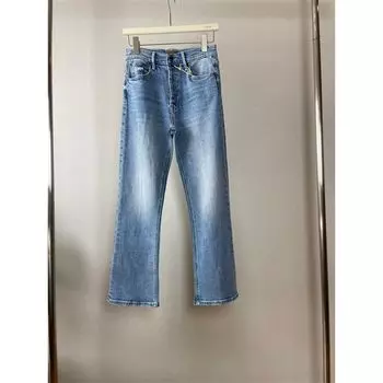 Mo High Waist Slim Looking 9 Points Slightly Flared Jeans Washed Light Blue Classic Simple Easiest for Match Small Man Washed light blue 26