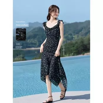 Mo Yi Yi Mei Наньи Таун Длинное платье 2025 Лето Новинка Подол с неровным краем Облегающее талию Платье для похудения Blue Print S