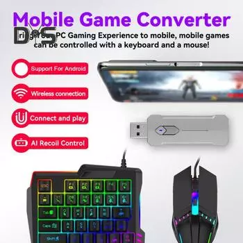 Мобильный игровой конвертер игровая клавиатура мышь комплект стабильное соединение низкая задержка проводная клавиатура с подсветкой RGB с подставкой для запястья чёрный