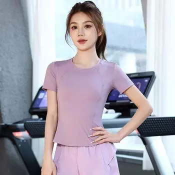 Мобильный телефон в заднем кармане Одежда для йоги для женщин Летние дышащие быстросохнущие топы 2025 Новое поступление Супер горячая спортивная одежда для спортзала Pink and purple short sleeves 5XL