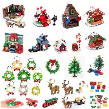 MOC City Christmas Building Blocks Фигурка лося, сани, елка, гирлянда, накидка, камин, подставка для закусок, конфетная трость, DIY Подарочные игрушки K032