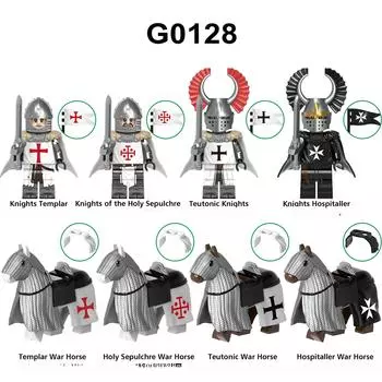 MOC Средневековый боевой конь тамплиеров Тевтонский рыцарь G0128 Человеческое оружие Строительный блок Игрушка