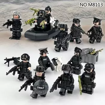 MOC Военная серия Черный антитеррористический солдат полиции специального назначения Строительные блоки Игрушки