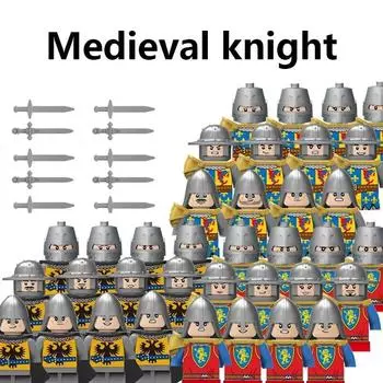 MOC военный средневековый строительный блок, рыцарь-воин, солдат, копье, меч, щит, армейское оружие «сделай сам», замок, военные аксессуары, игрушка синий
