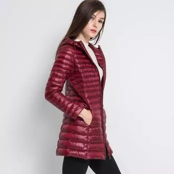 МОДА2018 Зимняя новая женская пуховая куртка с капюшоном, облегающая однотонная куртка средней и длинной длины, женская одежда прямых продаж S