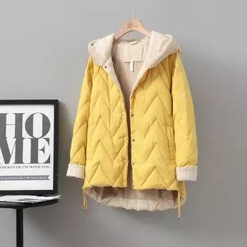 МОДА2024 и зима новый легкий и тонкий пуховик женский короткий вязаный с капюшоном повседневный свободный модный жакет Одежда S