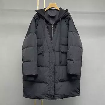 МОДА2024 и зима новый средний и длинный пуховик женская одежда сращивание свитер шапка поддельные две части свободное пальто модная одежда One size чёрный