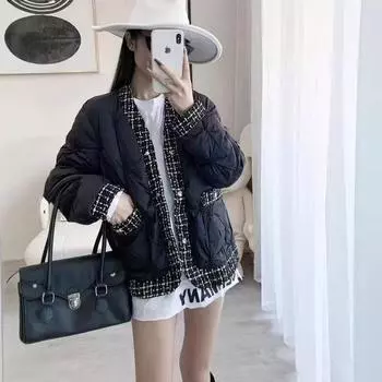 МОДА2024 и зима сращивание карманов V-образный вырез однобортный жакет новая женская одежда с длинными рукавами короткая сращивание пуховик одежда S