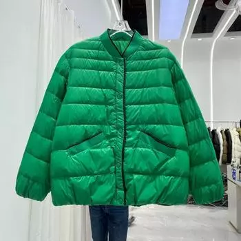 МОДА2024 и зимняя новинка литературный и ретро легкий и тонкий короткий пуховик женский свободный и тонкий бейсбольный воротник-стойка куртка Одежда M чёрный