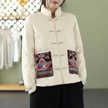 МОДА2024 и зимняя новинка литературный и ретро вышитый пуховик женский короткий стоячий карман в тон пальто Одежда M красный