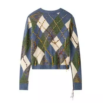 МОДА2024 Новая женская мода в европейском и американском стиле с ромбовидным узором и длинными рукавами однобортный трикотажный жакет Одежда S