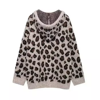 МОДА2024 Новый европейский и американский стиль женской уличной моды с капюшоном и леопардовым принтом жаккардовый вязаный свитер Одежда S