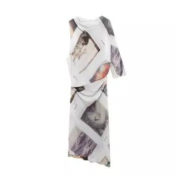 МОДА2024 осень новый женский европейский и американский стиль темперамент элегантный принт асимметричное платье Одежда XS