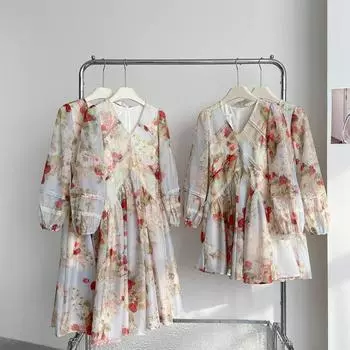 МОДА2024 сезон цветок дикий первый лимон французский романтический принт V-образный вырез кружево талия маленькое облегающее платье цветочные Одежда S
