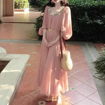 МОДА2024 Сезон Картина маслом Сицилийское платье ручной работы Яркие пайетки Свободное ленивое настроение Атмосфера Темперамент Длинное платье Одежда S