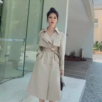МОДА2024 весна новая женская одежда мода контрастный цвет сращивание дизайн тренчкот британский стиль средняя и длинная тонкая куртка Одежда S абрикосовый