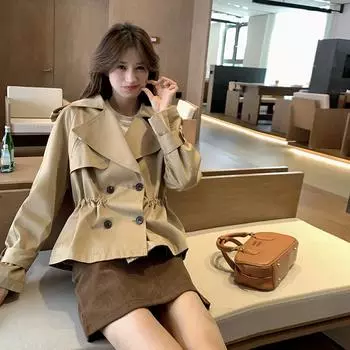 МОДА2024 весна новый тонкий маленький пиджак с завязками на талии короткий плащ женский высококачественный дизайн корейская версия Одежда S хаки