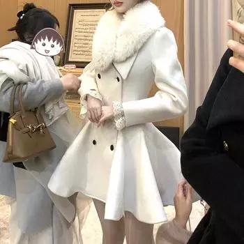 МОДА2024 Зима Хепберн Пролог Укороченная талия Шерстяное пальто Rich Family Thousand Gold Утолщенный меховой воротник Шерстяная куртка Женская одежда S абрикосовый