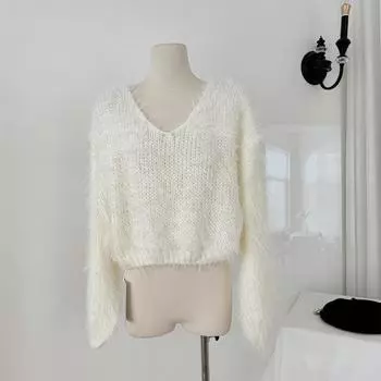 МОДА2024 зима новый ленивый стиль темперамент мягкий вощеный длинный шерстяной свитер женский большой круглый вырез свободный плюшевый топ женская одежда One Size