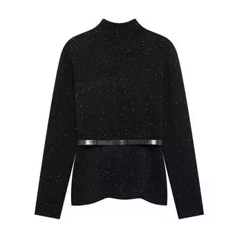 МОДА2024 Зима Новый Стиль Женственный Темперамент Приталенный Длинный Рукав Пояс Вязаный Свитер Одежда S чёрный