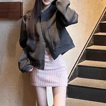 МОДА2024 Зима [Серо-розовая семья] Корейская версия повседневной куртки серая бейсбольная форма шерстяная короткая куртка женская модная одежда S