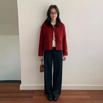 МОДА2024 Зимнее новое кашемировое пальто женское маленькое контрастного цвета двухстороннее шерстяное пальто короткое пальто женская Одежда average size