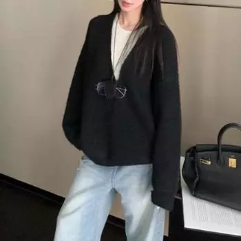 МОДА2024 Зимний поддельный свитер из двух частей, свободный свитер с круглым вырезом, однотонный свободный вязаный свитер Одежда one size fits all чёрный