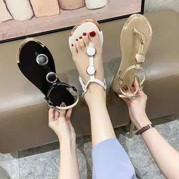 мода 08Gold Chain Sandals Buckle Flip Flops Flat With Casual Roman 2024 Летние сандалии с открытым носком на маленьком каблуке Повседневные сандалии для женщин 36 чёрный