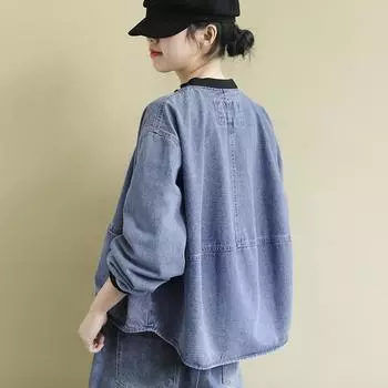 МОДА 100 кг Большие размеры Женская одежда 2024 Новые трендовые джинсы Fat mm Женские тренды Топ с длинным рукавом Женская короткая одежда L [100-77.5 kg] синий