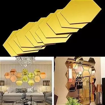 Мода 12шт геометрический шестиугольник 3D искусство зеркало стены стикер наклейка домашний DIY декор золотой