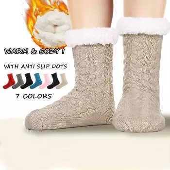 Мода 1 пара женских толстых плюшевых теплых носков-тапочек, плетеные удобные зимние повседневные носки для йоги с ручками для дома, тапочки для женщин one size темно-синий