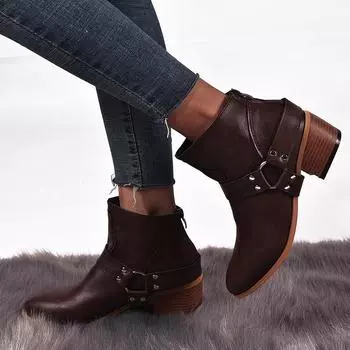 Мода 2019 года, новые повседневные женские осенние ботильоны с круглым носком, средние винтажные короткие ботинки с пряжкой на ремне, зимняя обувь для отдыха, зимние ботинки для женщин 4 чёрный