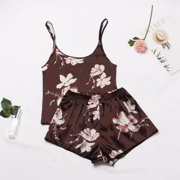 МОДА 2022 года, новый модный сексуальный цветочный пижамный комплект для женщин, 2 предмета, пижама, шелковый атласный топ на бретельках и шорты, пижама для женщин S серый
