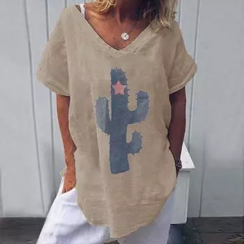 МОДА 2023 Новая летняя мода с короткими рукавами Футболка Топы Повседневная Свободная хлопковая льняная рубашка с забавным принтом кактуса Топ Блузка для женщин Большие размеры S-5XL S оранжевый