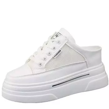 Мода 2024 Baotou сетчатые дышащие полутапочки кроссовки женские 2024 весна лето новые туфли без каблука с увеличением высоты 8 см 34 белый