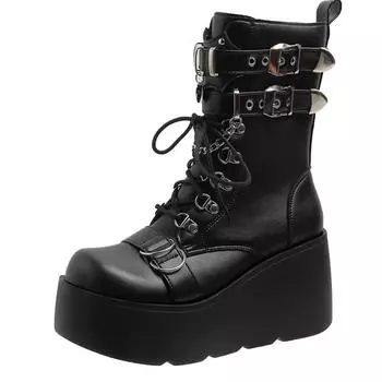 Мода 2024 Ботильоны для женщин Каблуки 9 см Мотоциклетные туфли Высокая платформа Кожаные зимние массивные кроссовки Женские короткие панк-сапоги с цепочкой 35 чёрный