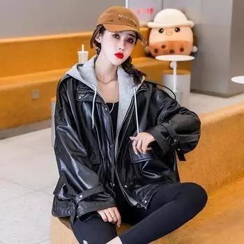МОДА 2024 Брейк Двухсекционный кожаный женский черный с капюшоном и завязками свободная кожа PU кожа мотоциклетная кожаная одежда S чёрный