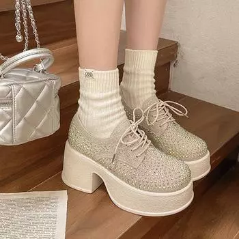 Мода 2024 Брендовая женская обувь на шнуровке Женские туфли на высоком каблуке Модные повседневные туфли-лодочки с кристаллами Женские новые туфли на платформе с круглым носком Zapatos 35 бежевый