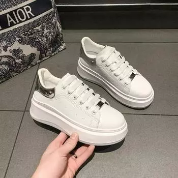 Мода 2024 Брендовые кожаные женские кроссовки Белые женские спортивные кроссовки на платформе Женские вулканизированные туфли Кроссовки повседневные женские 35 чёрный