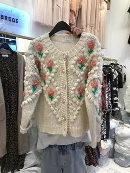 МОДА 2024 Цветочный вязаный кардиган с аппликацией Женский кремовый свитер с длинным рукавом и пуговицами Пальто Новые повседневные кардиганы Осень-Зима One Size бежевый