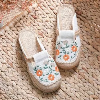 МОДА, 2024 г., богемные женские льняные туфли на плоской подошве без шнуровки, удобные лоферы в стиле ретро, женские повседневные тапочки с вышивкой, 40 40 чёрный