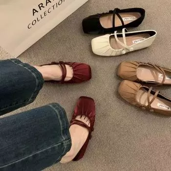 Мода 2024 года, балетки, красные туфли, Мэри Джейн, шелковые женские туфли на плоской подошве с туфлями, женские мягкие модные туфли с пряжкой и мелкими ремешками для танцев 35 бежевый