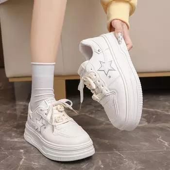 Мода 2024 года. Белые массивные женские повседневные кроссовки из вулканизированной кожи на платформе. Спортивные кроссовки для бега для женщин. Тенденции. 35 бежевый