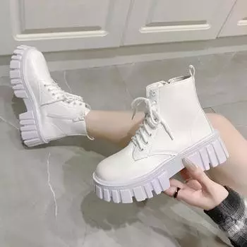 Мода 2024 года, белые новые женские ботильоны, осень-зима, на платформе, на молнии, женские панк-сапоги, толстая подошва, шнуровка, армейские ботинки, женские, Mujer 35 белый