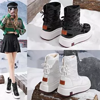 Мода 2024 года, белые женские зимние ботинки, толстая подошва, короткие кожаные ботинки из искусственной кожи, зимние толстые плюшевые женские ботинки, теплые меховые ботильоны с мехом 35 чёрный