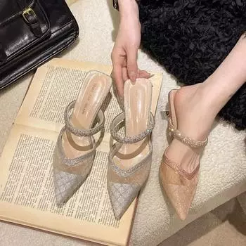 Мода 2024 года, босоножки на высоком каблуке, тонкие, остроносые, сексуальные и сверкающие, со стразами, одинарные туфли для женщин, новые летние босоножки 34