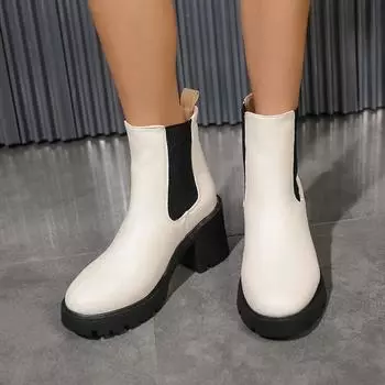 Мода 2024 года Брендовая обувь для женщин Женские сапоги без застежек Модные швейные изделия Офис и карьера Новые туфли на высоком каблуке с круглым носком Сапоги Zapatos 34 покинуть белый