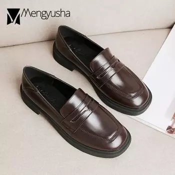 Мода 2024 года Брендовая обувь Женская однотонная кожаная обувь на плоской подошве Женские оксфорды с квадратным носком Мокасины без застежек для студентов Дерби Буллок Женские швейные мокасины 4.5 чёрный