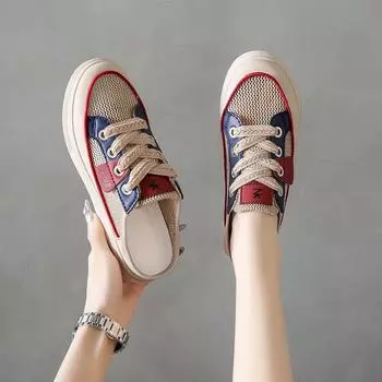 Мода 2024 года Брендовые туфли с закрытым носком Женские тапочки Повседневные тапочки на платформе Женские разноцветные круглые носки Плоские сетчатые туфли на шнуровке Женские 35 чёрный