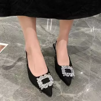Мода 2024 года. Брендовые женские туфли. Женские туфли-лодочки. Весенние туфли с острым носком. Однотонные блестящие бриллиантовые туфли на среднем каблуке. Элегантные туфли на высоком каблуке. 35 чёрный